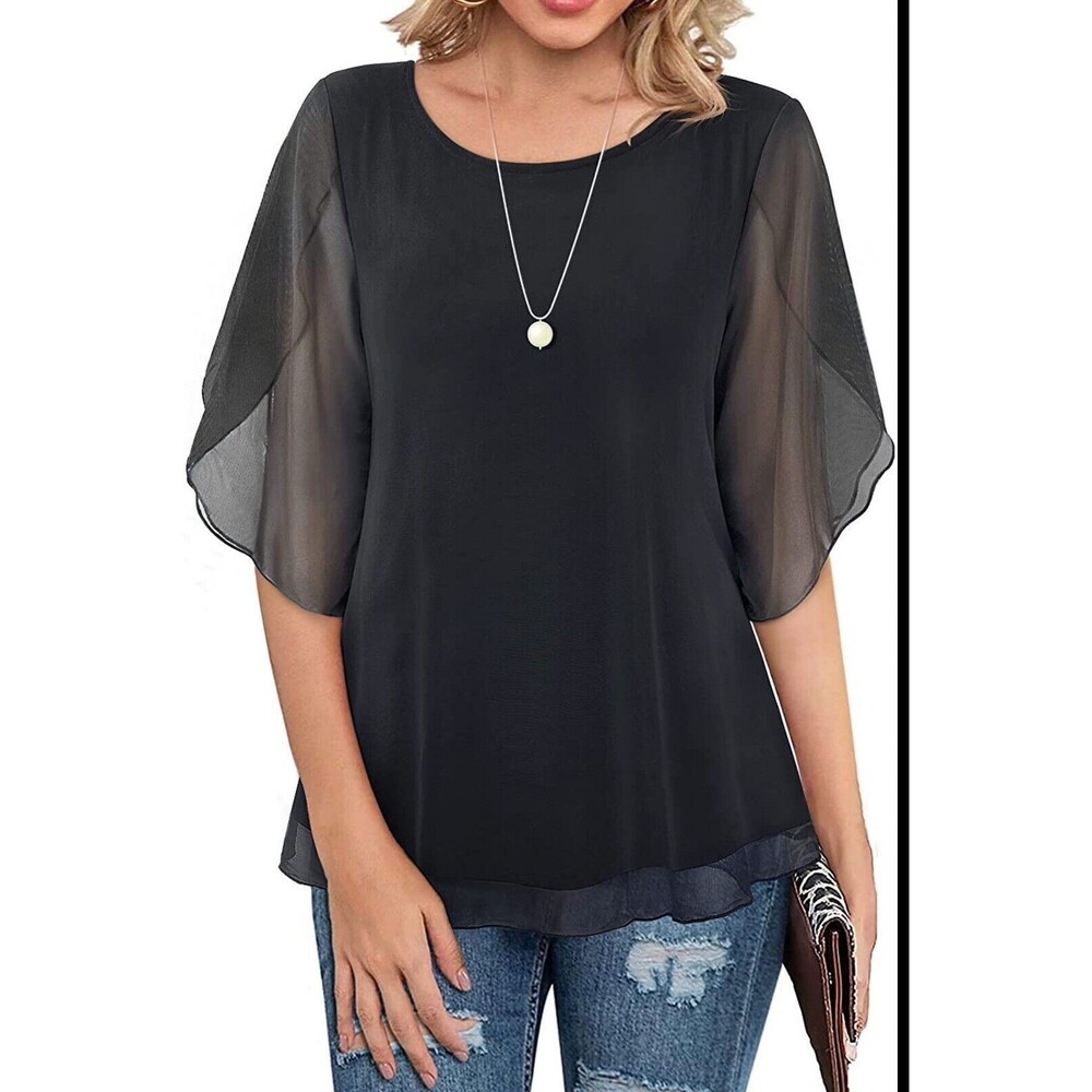 Sese Code Womens Ruffle 3/4 Sleeve Mesh Loose Black Size 2XL Top New Lined